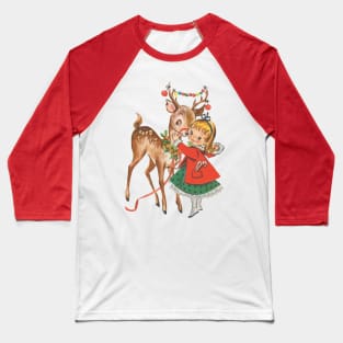 Vintage Christmas Girl and Reindeer Baseball T-Shirt